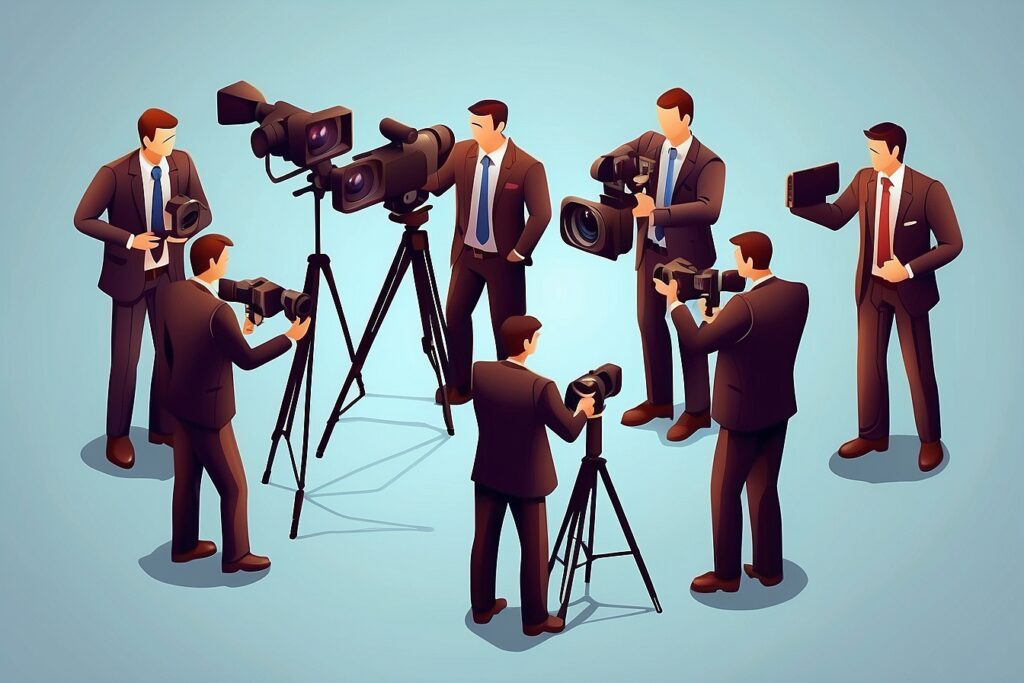 Businessmen recording video content in a corporate environment, showcasing professional videography and content creation in a business context.